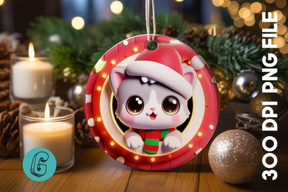 Cute Cat Christmas Ornament Front 04: A Charming Graphics Asset