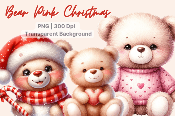 Watercolor Christmas Pink Bears Clipart for Graphics & Illustrations